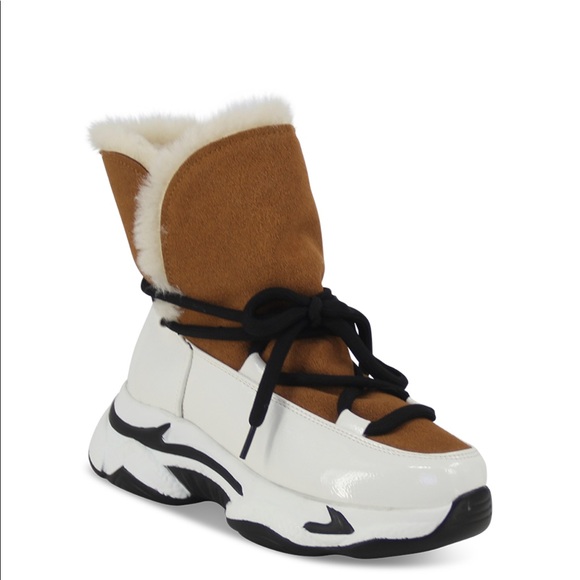 Fur Lined Thick Sole Winter High Top Sneaker in Brown Faux Suede, Women’s - Picture 2 of 5